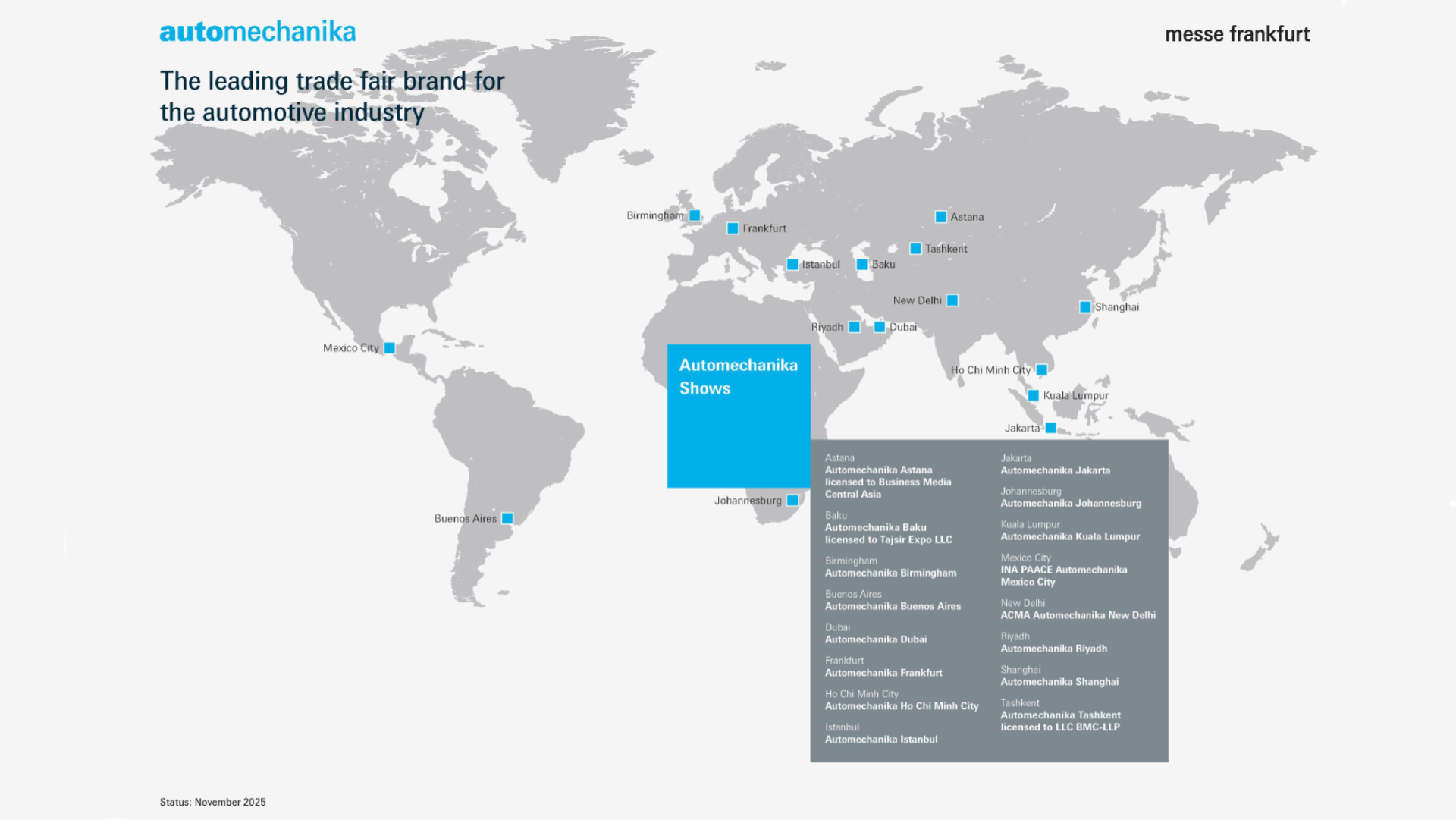 Weltkarte mit allen Automechanika Veranstaltungen